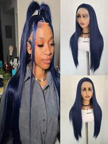 Blue Wig Long Straight Navy Blue Synthetic Lace Front Wigs Pre Plucked Natural Hairline Heat Resistant Fiber Hair Cosplay Daily Wear Wig - 藍色 - 查看 3