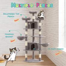 SHA CERLIN 73in Fan-Shaped Corner Cat Tower For Save Space, Multi-Level Tall Cat Tree For Indoor Kitties, Condo With Baskets, Cozy Perches, Sisal Scratching Posts, Pet Activity House, Grey - 灰色 - 查看 4