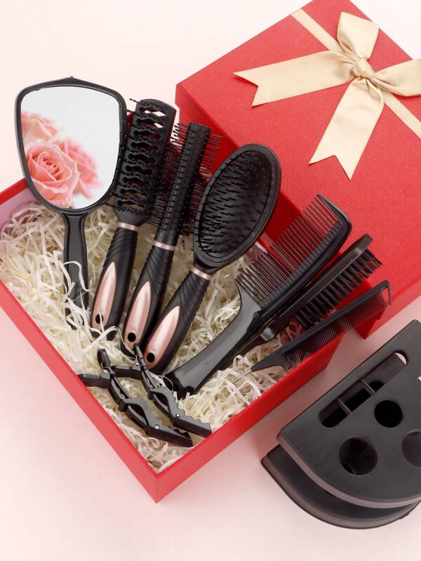 10pcs Pink Hairbrush Set: Includes Hair Claw, Air Cushion Brush, Tail Comb, Hair Brush, Mirror, Brush Holder. Suitable For Women Daily Use, Best Gift For Halloween, Christmas, New Year. With Red Bow Gift Box