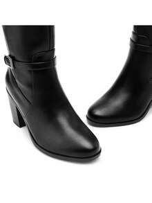 Women's Knee-High Boots, Comfortable Chunky Block Heel Pointed Toe Pull On Side Zipper Suede Slouch Riding Boots - Black/PU - View 9