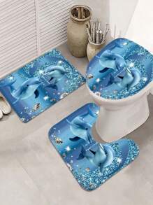 1/4 Stücke Set mit niedlichem Cartoon Delfin Strass-Sprühfarbe Meereskreatur moderne Kunst Dekoration, enthält 12 Haken wasserdichter Duschvorhang, rutschfeste Badematte, U-förmiger Toilettendeckel, Heim Dekoration Geschenk Schulanfang