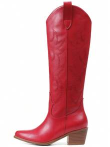 Women's Solid Color Stylish Fall Boots, Easy Comfy Pull On Embroidered Chunky Heel Knee High Boots, Point Toe Western Cowboy Heeled Boots For Woman - 紅色B - 查看 3