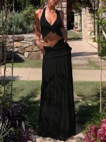Women Casual Ruched Ruffled Slim Halter Crop Top&Skirt Spring Summer Party Vacation Night Out 2 Pieces Sets - Black - View 6