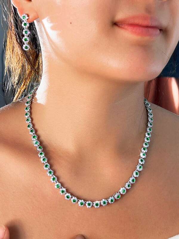 1 Set Beautiful Elegant Green Round Cubic Zirconia Wedding Banquet Bridal Choker Necklace And Earrings Jewelry Set For Women