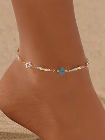 Cadena de tobillo de estilo bohemio con trébol de cuatro hojas de colores, joyería hecha a mano de cuentas para pies, adecuada para playa, uso diario, temporada de graduación de chicas y regalo de amistad