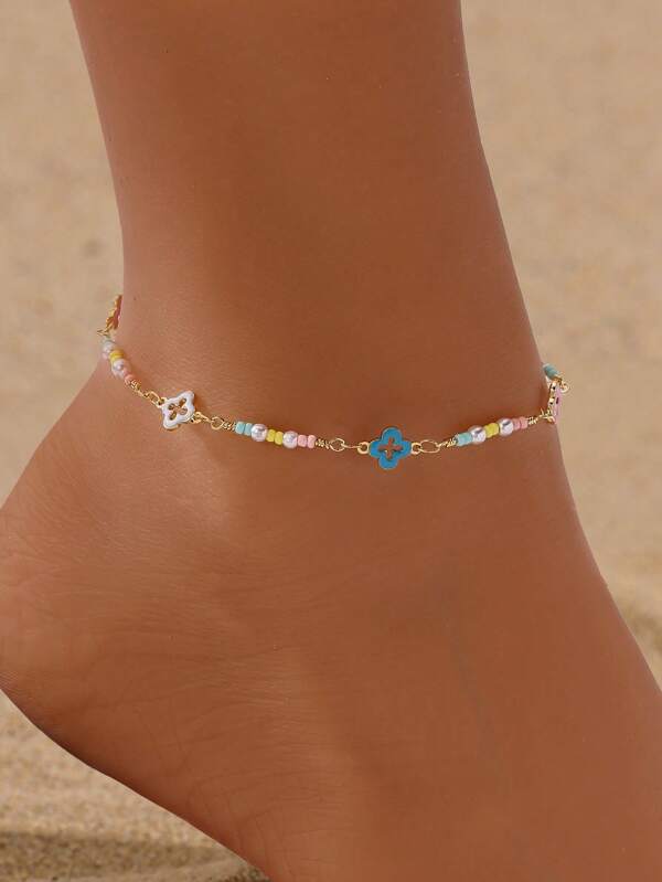 Bohemian Style Colorful Four-Leaf Clover Ankle Chain,Fashionable Handmade Beads Beach Party Feet Jewelry For Women,Suitable For Beach Vacation,Daily Wear,Girl Graduation Season Friendship Gift
