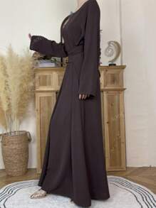 1 pieza Vestido Jalabeya informal de unicolor con cordón para mujer, elegante para Eid Mubarak, uso en el hogar, citas, viajes, vacaciones, primavera/otoño