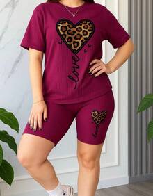 Relaxiva Set de 2 camisetas de mujer de tallas grandes con estampado de corazón y leopardo  Animal    Casual    Canalé    Canalé    CONJUNTO  Deportivo    PRIMAVERA OTOÑO VERANO - Color caoba - Ver 1