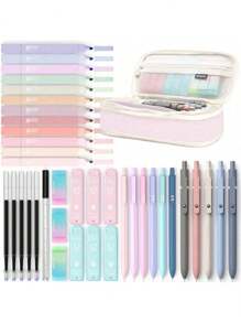 Four Kinds Of Candies, Totaling 18/35 Pieces. Fashion Stationery Set, With 1 Cute Pen Case, Including 12 Soft-Toned Highlighters, 6 Multi-Colored Ballpoint Pens, 1 Marker Pen, Suitable For Student Stationery, Essential For College (Green). Back-To-School Season, Stationery Supplies. Back To School.