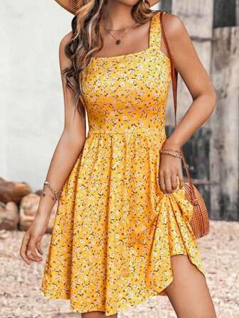 女士夏季连衣裙 海滩波西米亚风无袖复古花卉飘逸裹身 V 领 A 字中长连衣裙