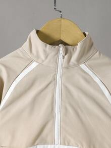 两件套幼儿男童半拉链长袖上衣和裤子套装，休闲运动风格，秋冬 - 卡其色 - 查看 4