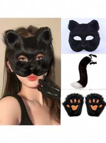 1set Fox Makeup Set 3pcs - Plush Tail, Mask And Gloves, Party Dress Up Tools, Party Styling Tools, Party Play Accessories, Beast Theme Makeup Set For Regular Hair, Fragrance Free, For Voluminous Hair
