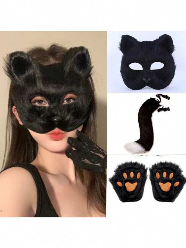 1set Fox Makeup Set 3pcs - Plush Tail, Mask And Gloves, Party Dress Up Tools, Party Styling Tools, Party Play Accessories, Beast Theme Makeup Set For Regular Hair, Fragrance Free, For Voluminous Hair