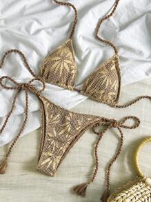 Bikinx 女式波西米亚叶图案网眼面料带吊带露背钩针系带棕色比基尼套装高弹力系带泳装