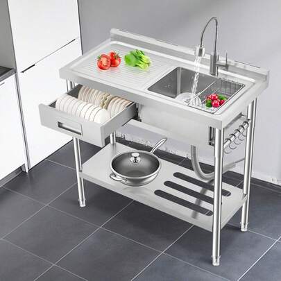 Meiyiu Freestanding Stainless Steel Utility Sink With Workbench, Drawer, Commercial Kitchen Sink With Faucet, Hot & Cold Water, Storage Shelf, S-Hook, Knife Holder, Adjustable Leg For Indoor Outdoor