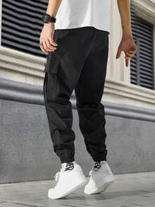 男式休闲纯色抽绳工装裤，无弹力户外徒步踝带裤