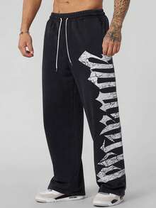 Men's Drawstring Letter Print Casual Sweatpants, Suitable For Fitness, Outdoor Wear, Also Can Be A Gift For Husband Or Boyfriend, Combining Streetwear And Casual Style, Comfortable And Fashionable, Suitable For All Seasons, Fit For Hip-Hop, Emo, 2000s Style, Also Suitable For Autumn Wear - 黑色 - 查看 1