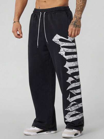Men's Drawstring Letter Print Casual Sweatpants, Suitable For Fitness, Outdoor Wear, Also Can Be A Gift For Husband Or Boyfriend, Combining Streetwear And Casual Style, Comfortable And Fashionable, Suitable For All Seasons, Fit For Hip-Hop, Emo, 2000s Style, Also Suitable For Autumn Wear
