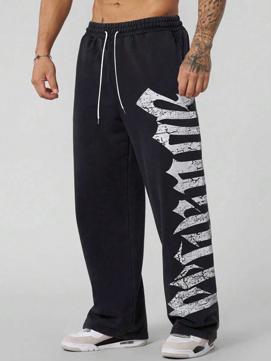 Men's Drawstring Letter Print Casual Sweatpants, Suitable For Fitness, Outdoor Wear, Also Can Be A Gift For Husband Or Boyfriend, Combining Streetwear And Casual Style, Comfortable And Fashionable, Suitable For All Seasons, Fit For Hip-Hop, Emo, 2000s Style, Also Suitable For Autumn Wear - 黑色 - 查看 1