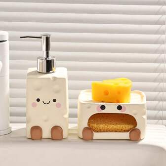 1pc Cute Cheesecake Lotion Bottle Ceramic Soap Dispenser Refillable Pump Bottle Suitable For Liquid Soap, Shampoo, Shower Gel, Hand Soap, Kitchen Detergent, Bathroom Lotion Dispensing Bottle, Hotel B&B, Kitchen, Sink