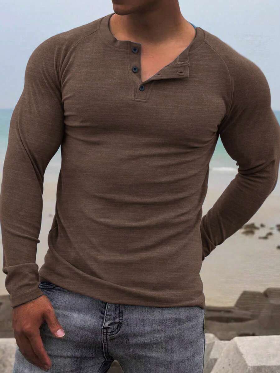 Men's Casual Solid Color Henley Neck Long Sleeve Undershirt, Comfortable & Soft, Versatile For All Seasons,Fall