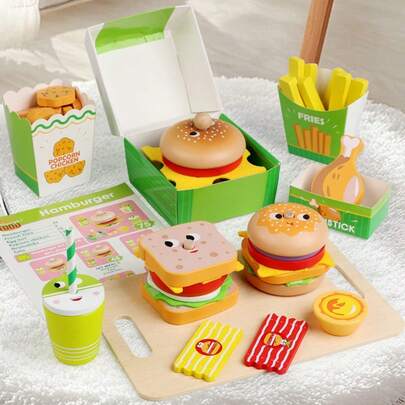 Kids Realistic Pretend Play Hamburger, Sandwich, French Fries Meal Toy Set, Cartoon Burger Sandwich Game Toys For Boys Girls, Food Recognition Playtime