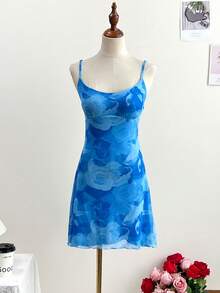 Women's Contrast Strap Ruffle Neck Mini Dress, Suitable For Beach, Western Style, Music Festival, Summer Vacation Wear, Bohemian Blue Summer Dress, Blue Vacation Outfit, Blue Beach Outfit, Printed Blue Dress - Blue - View 10