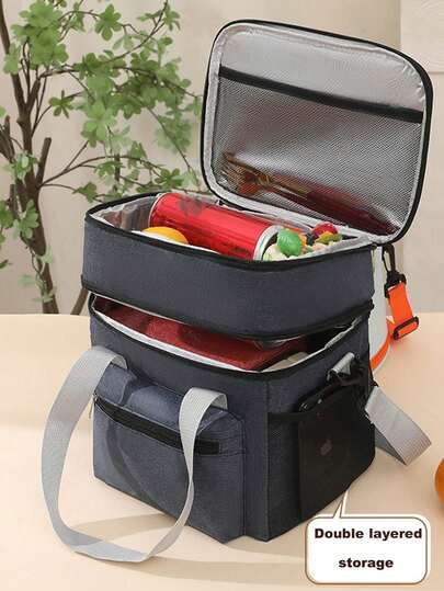 1 Pieza Nuevo bolso para el almuerzo de doble capa, bolsa aislante, bolso para el almuerzo impermeable multifuncional, para picnic al aire libre, bolso con bandolera con paquete de hielo, de vuelta a la escuela