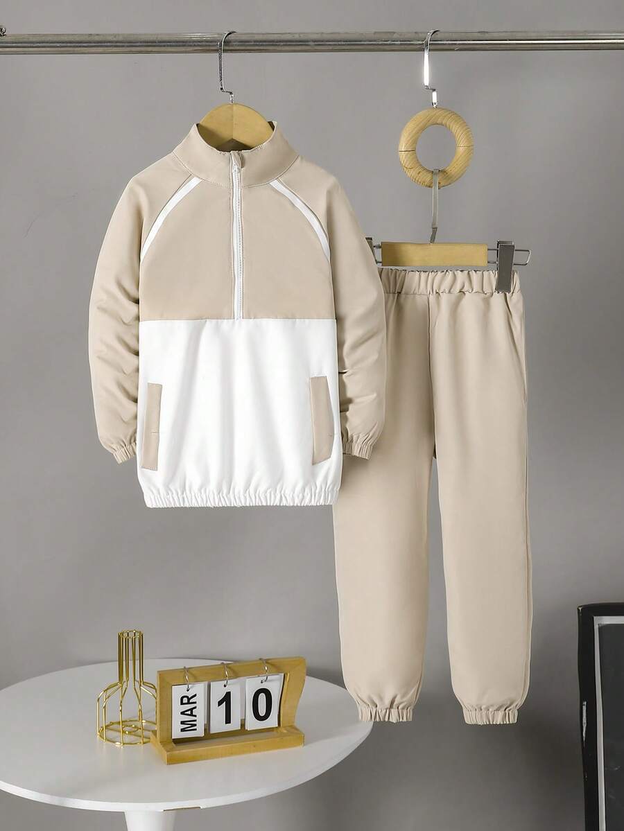 两件套幼儿男童半拉链长袖上衣和裤子套装，休闲运动风格，秋冬 - 卡其色 - 查看 1