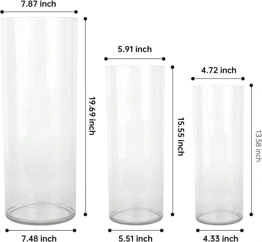 Extra Large Acrylic Cylinder Clear Vase For Floor, 20 In Tall Big Wide Mouth Plastic Unbreakable Hurricane Flower Vases Of 3 For Home Decor (D 8", D 6", D 4.8" + 3 Holder) - Trong sáng - Xem 1