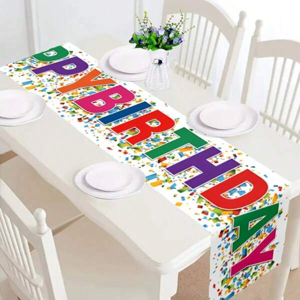 1pc Colorful Striped & Polka Dot Balloon "Happy Birthday" Themed Table Runner, Essential For Birthday Party, Vivid Polyester Decoration For Kitchen, Dining Room, Indoor & Outdoor Party