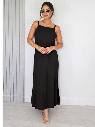 Vestido longo casual de alcinha elegante soltinho decote V nas costas