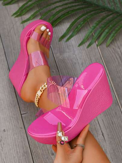 Sandali alla gelatina con zeppa e punta aperta, nuovi tacchi alti Platform trasparenti di colore fucsia alla moda, scarpe con suola antiscivolo spessa che aumentano l altezza per l estate
