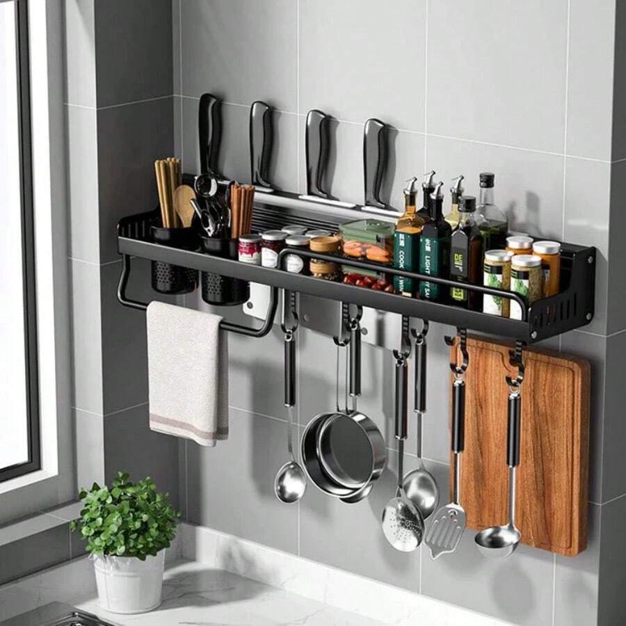 Prateleira de Parede para Cozinha Porta Tempero Condimentos - Preto - Visão 1