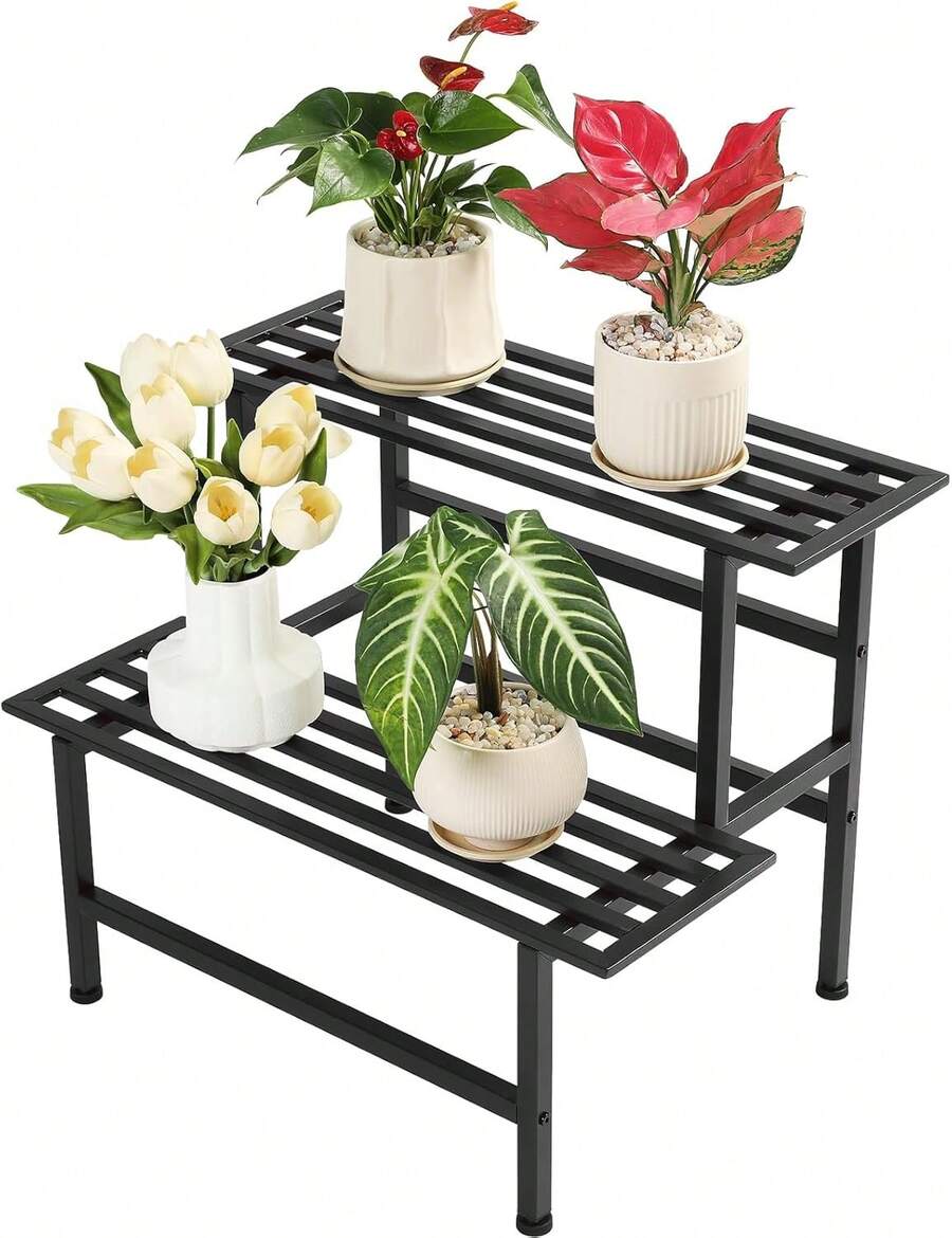 Metal Plant Stand Outdoor Plant Shelf Indoor,2 Tier Heavy Duty Ladder Plant Stands For Multiple Plants,26" L X 20.25" H X 17.75" W,Black - 黑色 - 查看 1