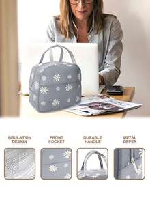 1pc Insulated Lunch Bag Daisy Flower Pattern, Suitable For Students, Camping, Hiking, Large Capacity Food & Fruit Storage, Suitable For Students & Office Workers