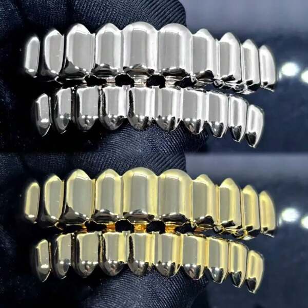 2pcs/Set Fashionable Shiny Copper 10 Teeth Top & Bottom Grillz, Suitable For Both Men And Women
