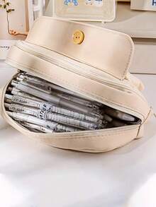 1 件纽扣闭合可爱帆布铅笔盒，大容量文具收纳袋，学生礼物，DIY 化妆包，便捷旅行手提包 - 返校 - 彩色 - 查看 6