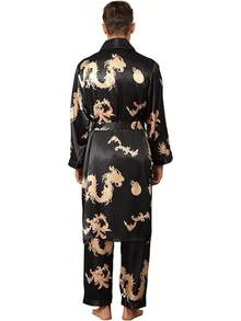 Men's Satin Robe With Pants Lightweight Printed Luxurious Spa Dragon Silk Bathrobe Kimono Sethalloween - Black - View 4