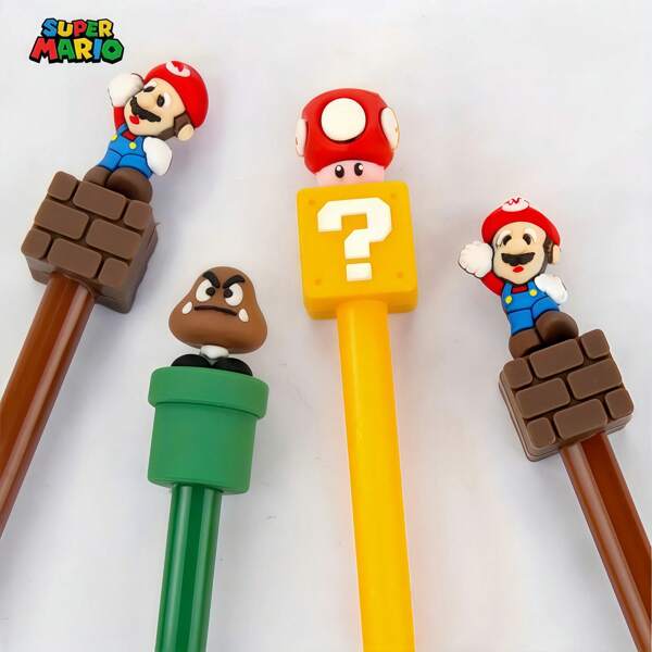 Super Mario 4pcs Super Mario Black Neutral Pen, Creative Cartoon Character Design, Suitable For Diary, School And Office Writing, Ideal Gifts For Teenagers And Adults 6pcs Super Mario Neutral Pen, Creative Cartoon Character Design, Black Ink, Suitable For School And Office Writing, Holiday Gifts For Teenagers And Adults