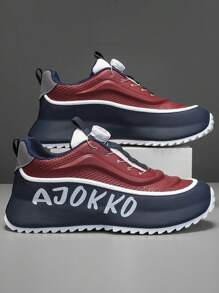 Men's Casual Sneakers With Unique Rotating Buckle Design, Letter Print, Stylish Low-Top Lace-Up Shoes, Contrast Color, Anti-Slip Serrated Sole, Durable Fashionable Streetwear Athletic Shoes For Outdoor, Daily Commute