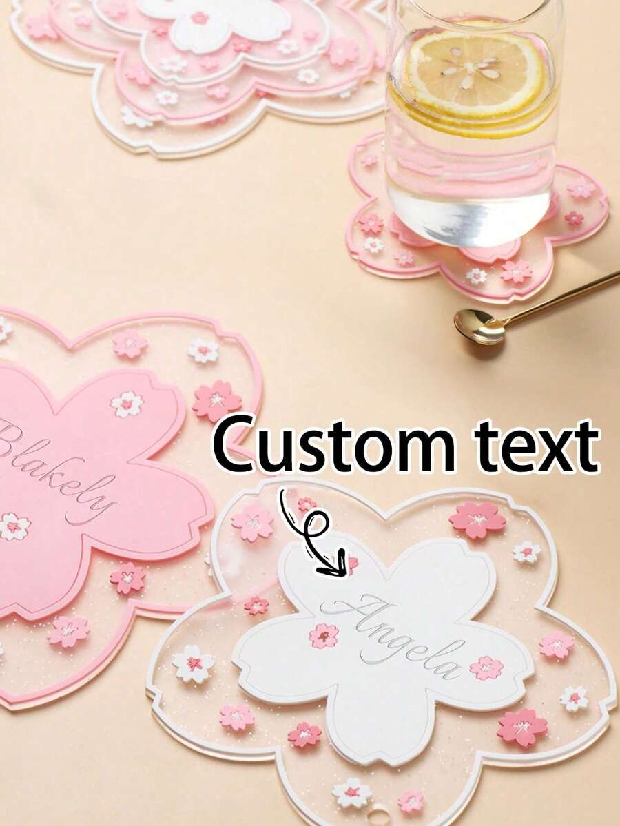 1PC Personalized Cherry Blossom Desk Mat And Coaster Set, Flower Shaped Silicone Cup Coaster, Insulation Pad –Custom Text Table Decor, Heat-Resistant Mug Pad For Home Or Office, Back To School Gift For Her - Multicolor - View 1