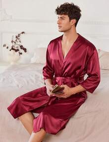 Mens Satin Robe Lightweight Silky Kimono Bathrobe 3/4 Sleeve Spa Knee Length Loungewear With Pockets S-3XLhalloween - Burgundy - View 7