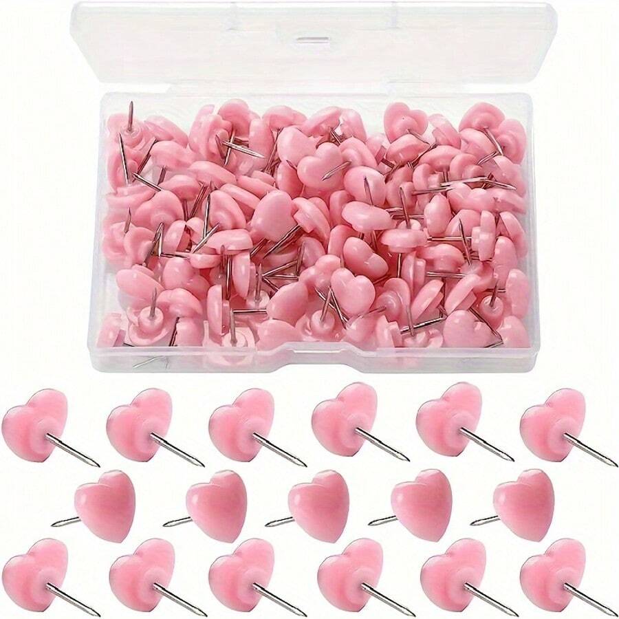 100 Stück/Box herzförmige Reißnägel, Kunststoffkopf & Stahlspitze, weiche Wandbefestigungsreißnägel, für Büro, Bildaufhängung & Dekoration, Schulmaterial, Schulanfang