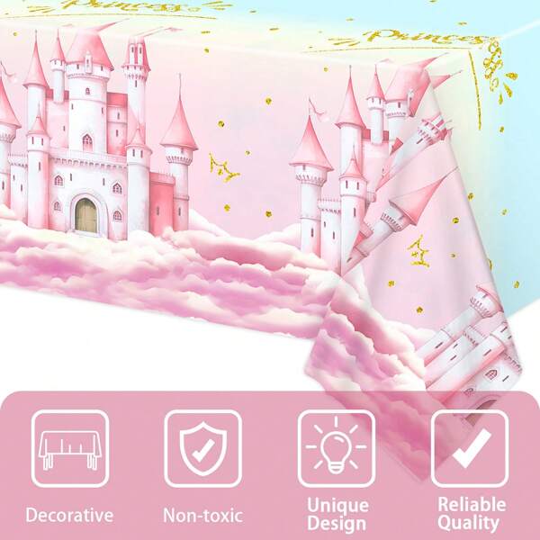 1pc, Pink Princess Castle Themed Large Size Party Tablecloth, Disposable Plastic Table Cover, Pink Castle Element Table Skirt Perfect For Princess Parties, Birthday Parties, Bachelor Parties, Party Supply, Home Decoration, 54x107.8 Inch