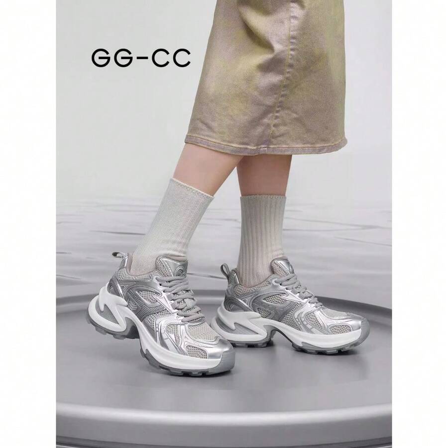 GG-CC Giày thể thao đế dày màu bạc thời trang mùa hè GGCC, giày thể thao thường ngày cho nữ - Bạc - Xem 1