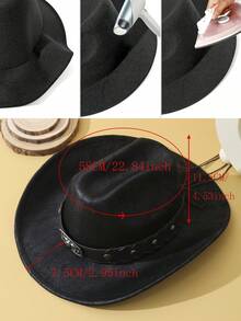 1pc Unisex Cattle Head & Belt Decor Boho Jazz Cowgirl Hat Cowboy Hat Ridge Wide Brim Handmade Soft Felt Hat Panama Hat Fedora Hat Western Suitable For Party - 黑色 - 查看 4