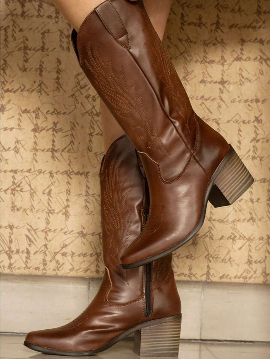 Botas vaqueras de media caña de moda de mujer botas cowboy botas western de tacón bajo y grueso con bordado al mismo tono casuales y elegantes con ringle, punta redonda y cierre lateral, suela antideslizante - Tan - Ver 1