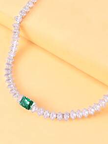 1pc Silver Luxury Rhombus Zirconia Chain Necklace With Green Diamond, Prom/Party Jewelry Gift For Women - Silver - View 5