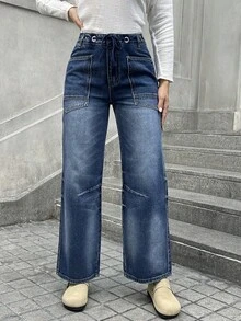 Women's Large-Size Loose Straight-Cut Jeans With Zipper Placket, Drawstring, Casual Street Style, Large Pockets, Non-Stretch, Comfortable, Versatile Women's Jeans, Plus Size - 中等水洗藍 - 查看 4